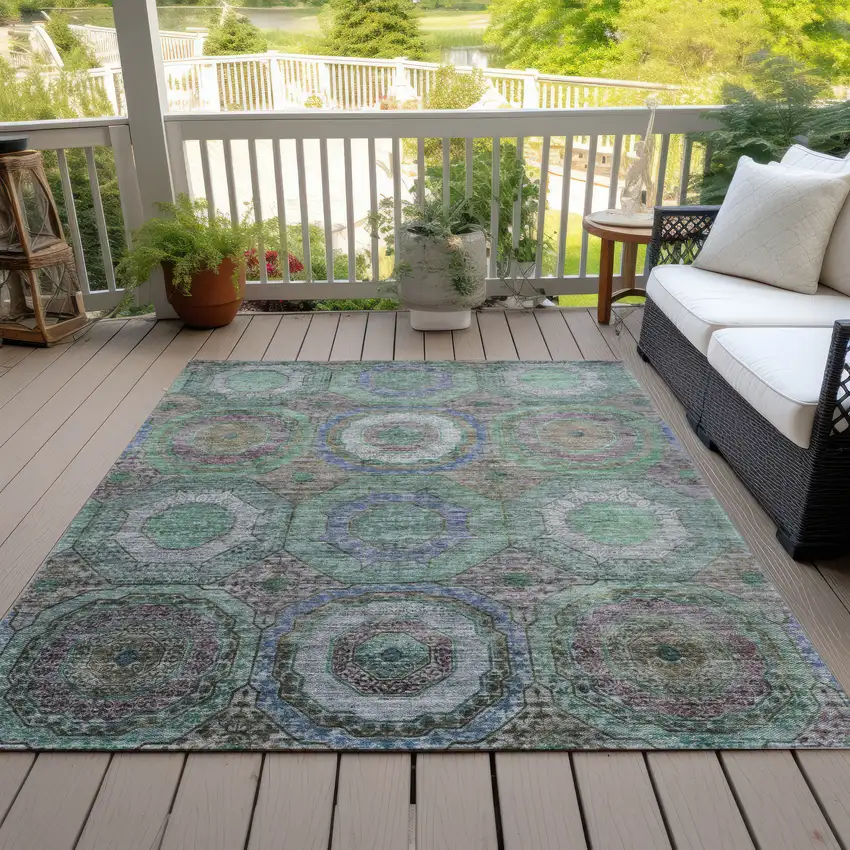 Green Charcoal And Purple Geometric Washable Indoor Outdoor Area Rug Photo 8