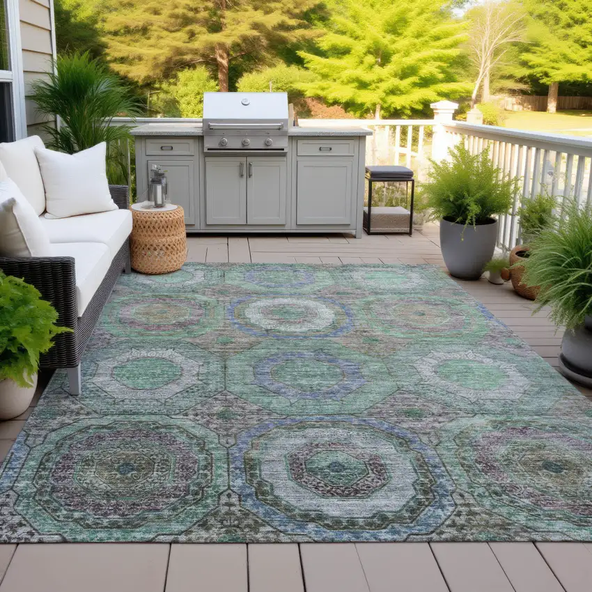 Green Charcoal And Purple Geometric Washable Indoor Outdoor Area Rug Photo 5