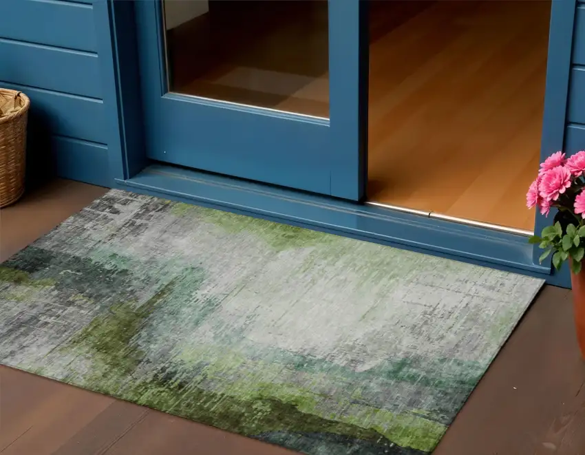 Green Charcoal And Silver Abstract Washable Indoor Outdoor Area Rug Photo 2