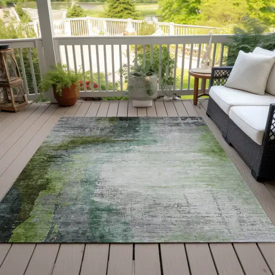 Green Charcoal And Silver Abstract Washable Indoor Outdoor Area Rug Photo 9