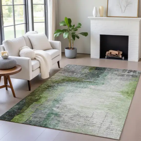 Green Charcoal And Silver Abstract Washable Indoor Outdoor Area Rug Photo 7