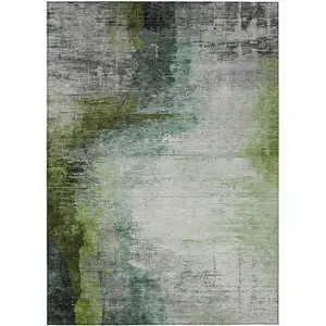 Photo of Green Charcoal And Silver Abstract Washable Indoor Outdoor Area Rug