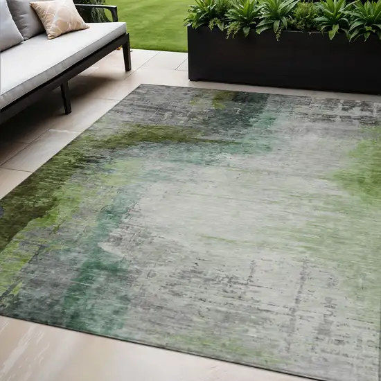 Green Charcoal And Silver Abstract Washable Indoor Outdoor Area Rug Photo 2