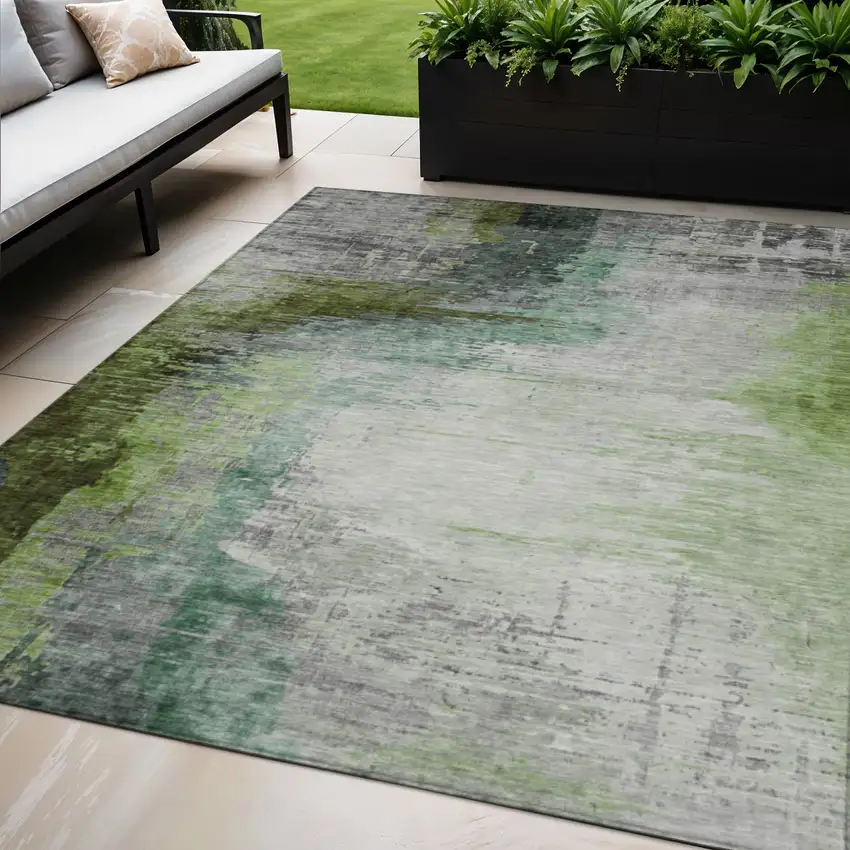 Green Charcoal And Silver Abstract Washable Indoor Outdoor Area Rug Photo 2