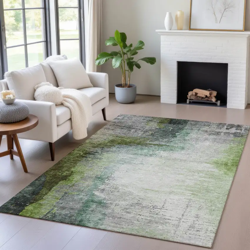 Green Charcoal And Silver Abstract Washable Indoor Outdoor Area Rug Photo 6