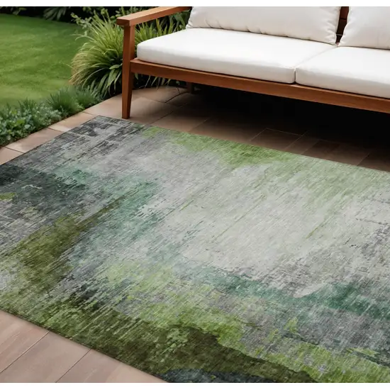Green Charcoal And Silver Abstract Washable Indoor Outdoor Area Rug Photo 2