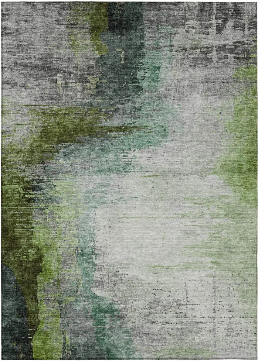 Green Charcoal And Silver Abstract Washable Indoor Outdoor Area Rug Photo 9