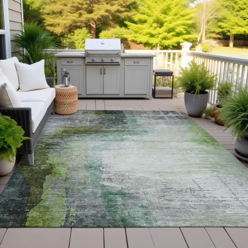 Green Charcoal And Silver Abstract Washable Indoor Outdoor Area Rug Photo 5