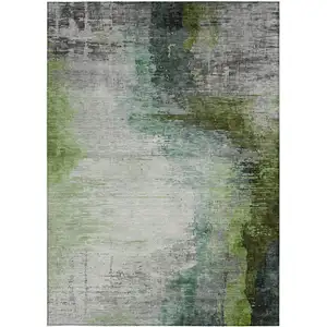 Photo of Green Charcoal And Silver Abstract Washable Indoor Outdoor Area Rug