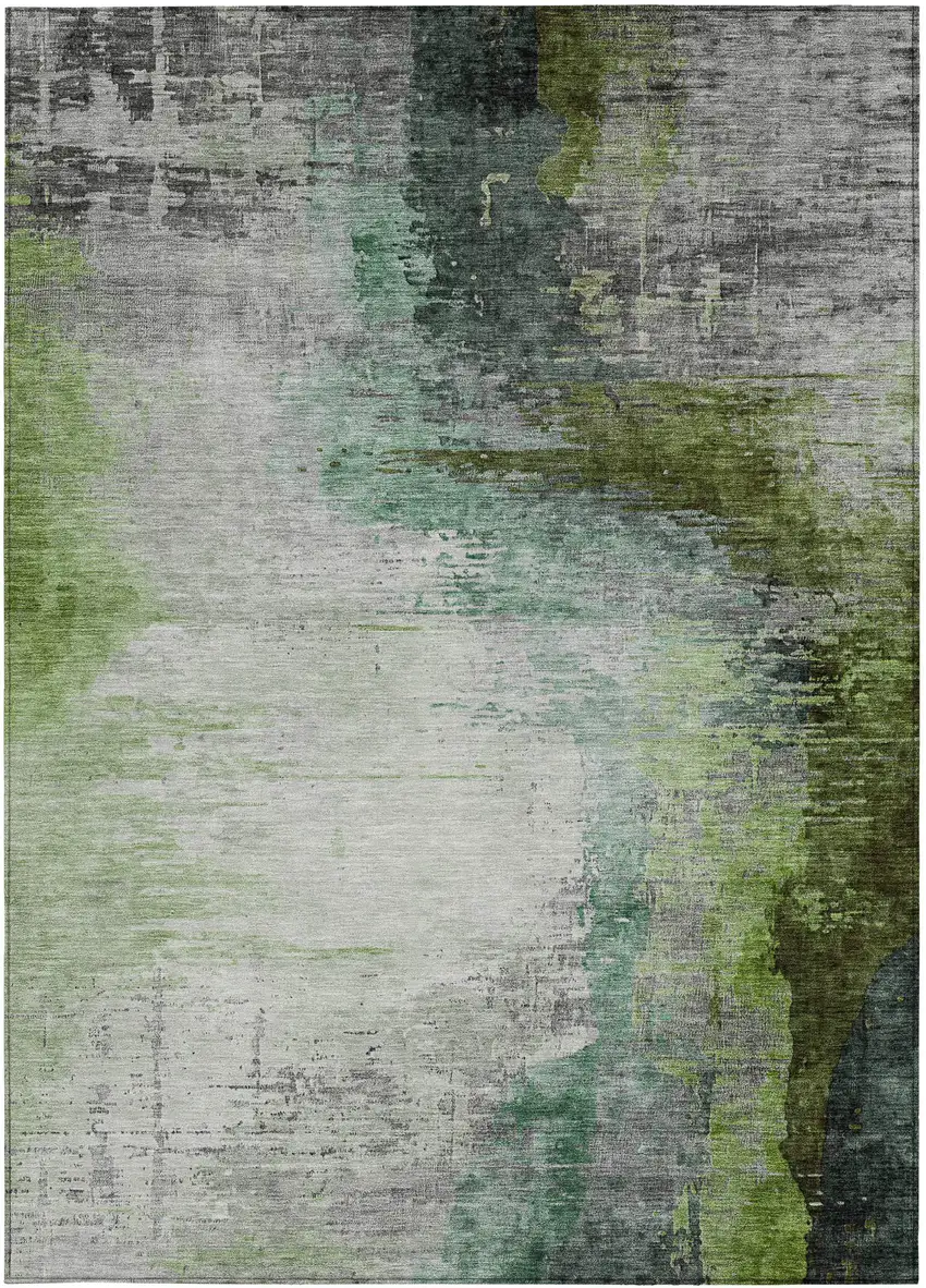 Green Charcoal And Silver Abstract Washable Indoor Outdoor Area Rug Photo 1