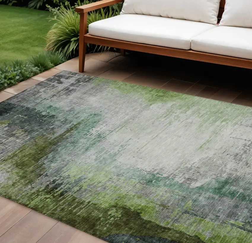 Green Charcoal And Silver Abstract Washable Indoor Outdoor Area Rug Photo 2
