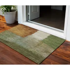 Photo of Green Copper And Beige Abstract Washable Indoor Outdoor Area Rug