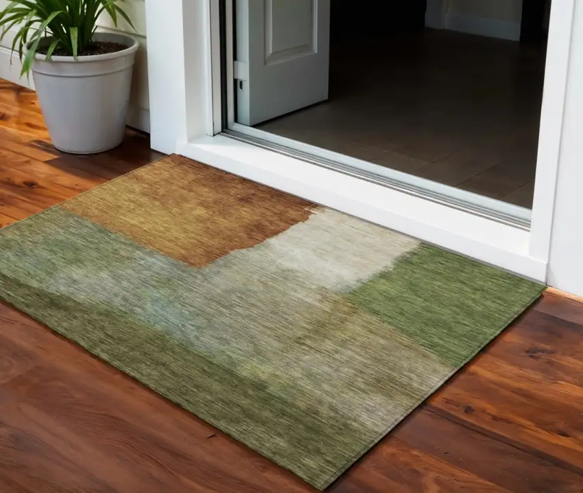 Green Copper And Beige Abstract Washable Indoor Outdoor Area Rug Photo 1