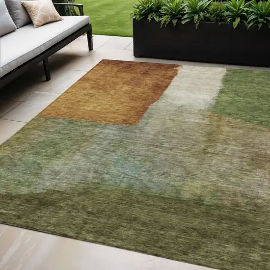 Green Copper And Beige Abstract Washable Indoor Outdoor Area Rug Photo 1