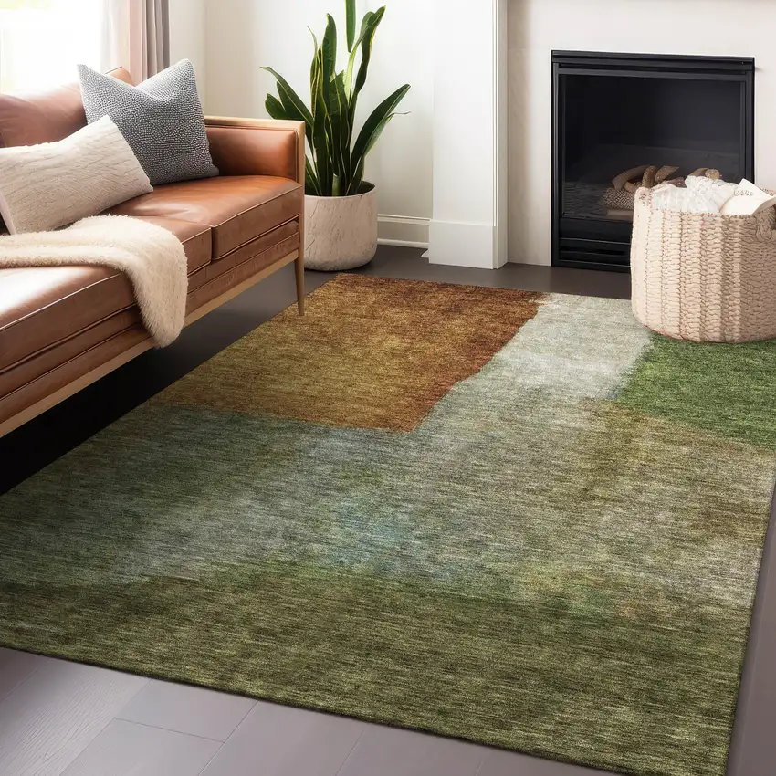 Green Copper And Beige Abstract Washable Indoor Outdoor Area Rug Photo 8