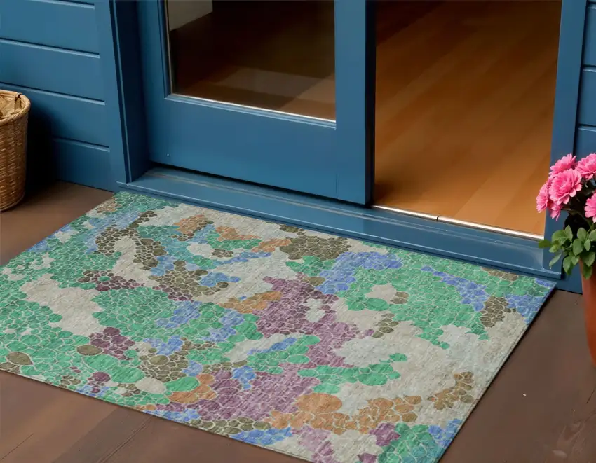 Green Copper And Blue Geometric Washable Indoor Outdoor Area Rug Photo 2