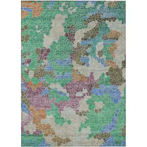 Photo of Green Copper And Blue Geometric Washable Indoor Outdoor Area Rug