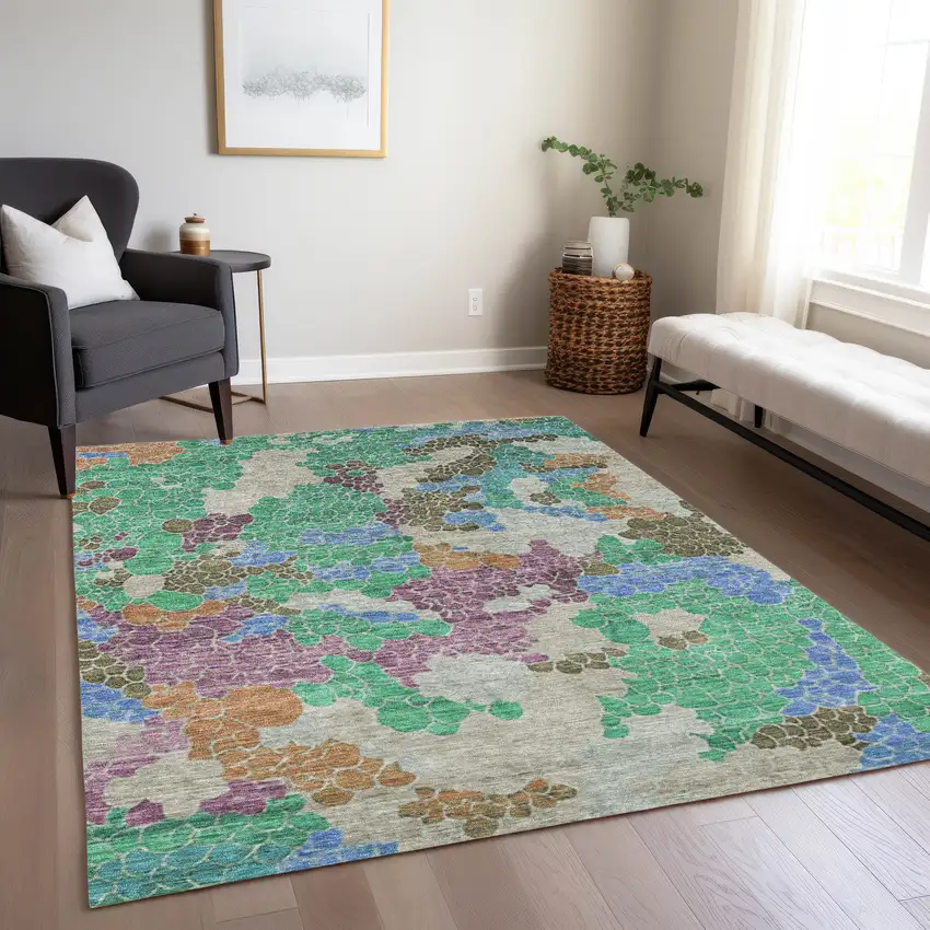 Green Copper And Blue Geometric Washable Indoor Outdoor Area Rug Photo 7