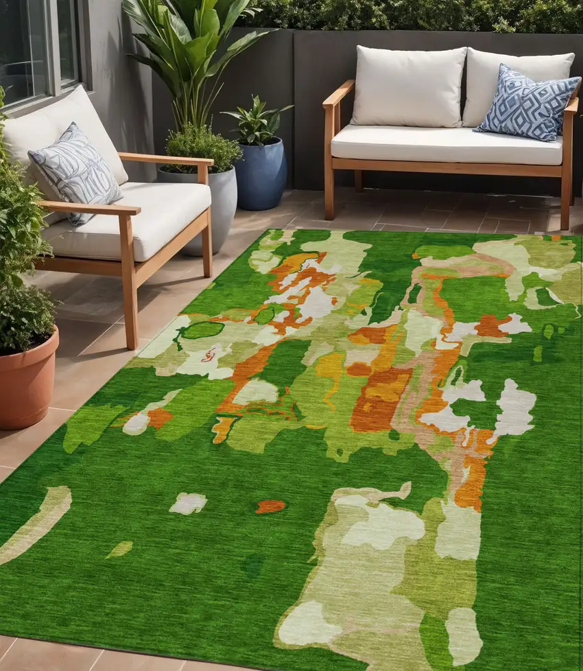 Green Copper And Brown Abstract Washable Indoor Outdoor Area Rug Photo 1