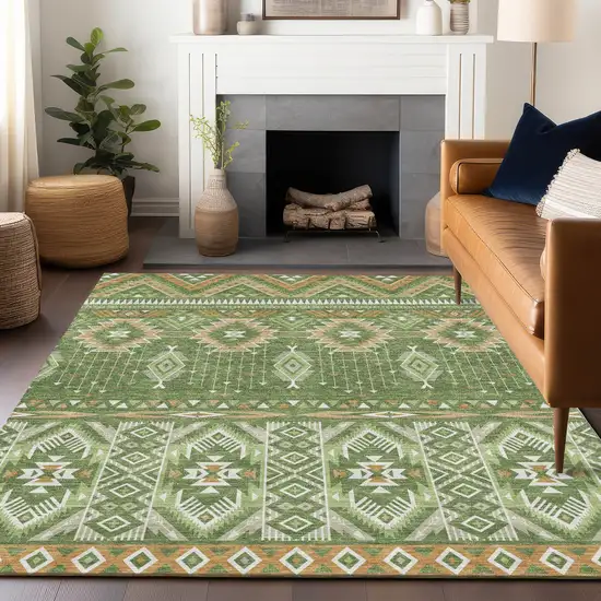 Green Copper And Ivory Aztec Washable Indoor Outdoor Area Rug Photo 6
