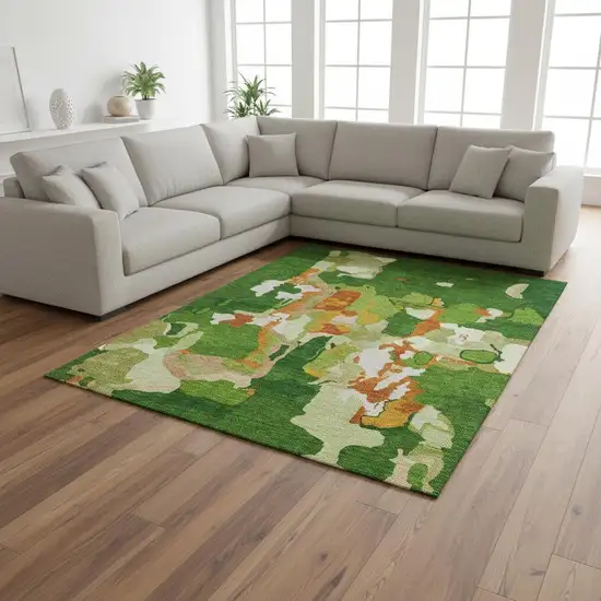 Green Copper And Orange Abstract Washable Area Rug With UV Protection Photo 2
