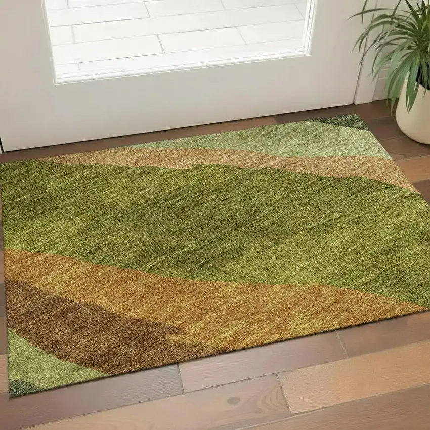 Green Copper And Peach Abstract Washable Area Rug With UV Protection Photo 2