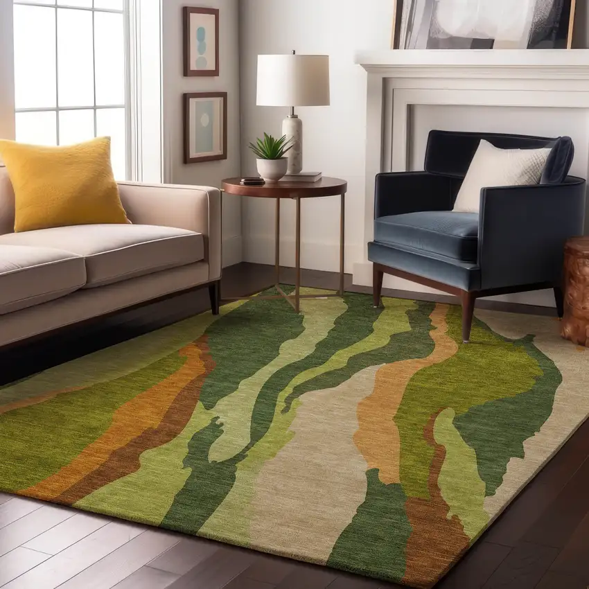 Green Copper And Peach Abstract Washable Area Rug With UV Protection Photo 4