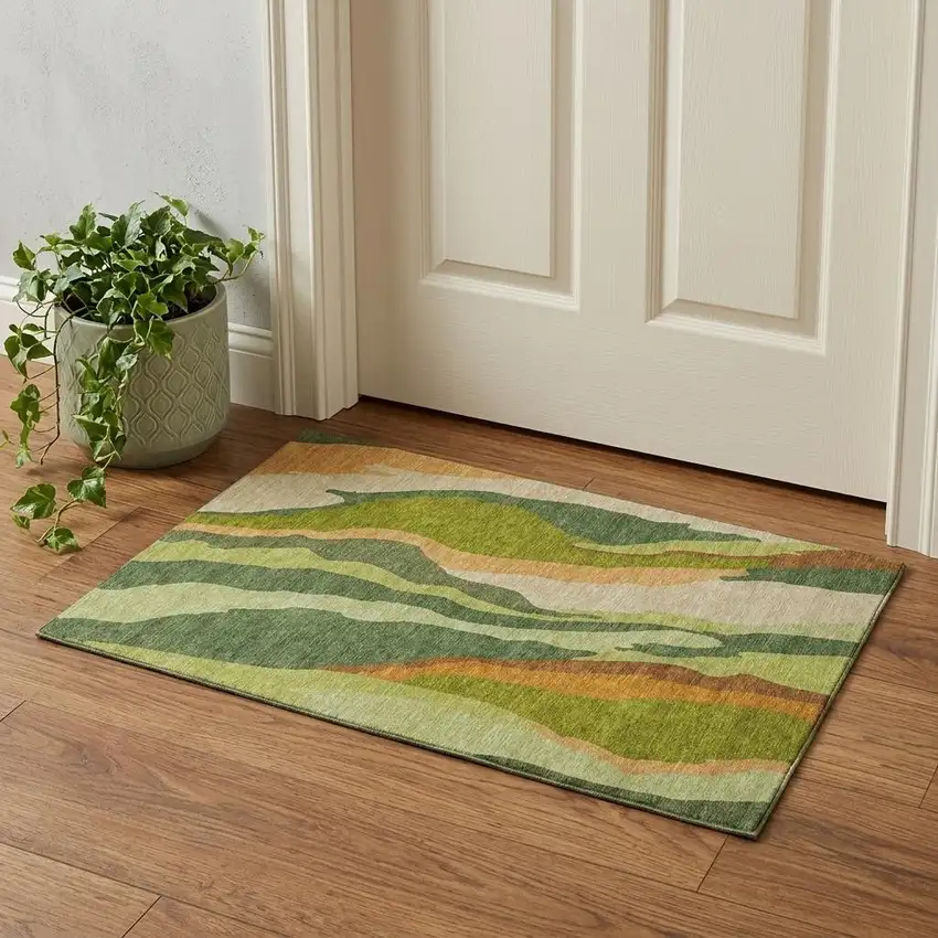 Green Copper And Peach Abstract Washable Area Rug With UV Protection Photo 1