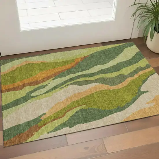 Green Copper And Peach Abstract Washable Area Rug With UV Protection Photo 1