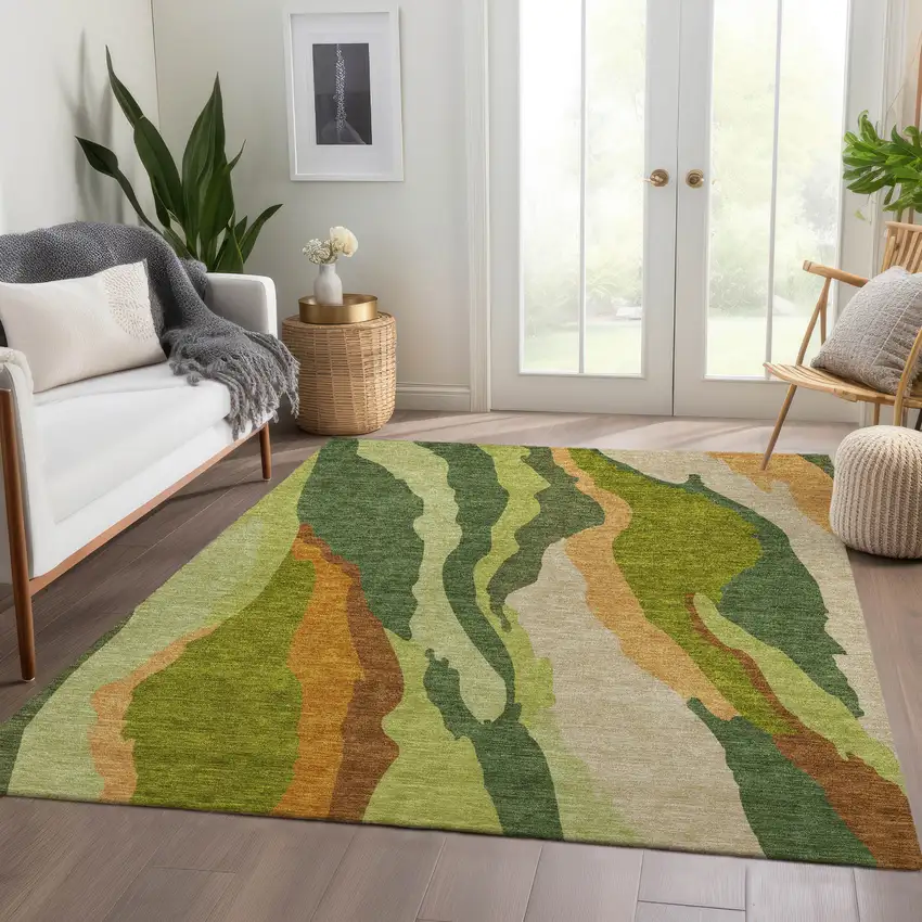 Green Copper And Peach Abstract Washable Area Rug With UV Protection Photo 5