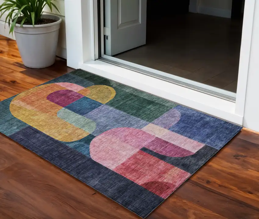 Green Copper And Pink Abstract Washable Indoor Outdoor Area Rug Photo 1