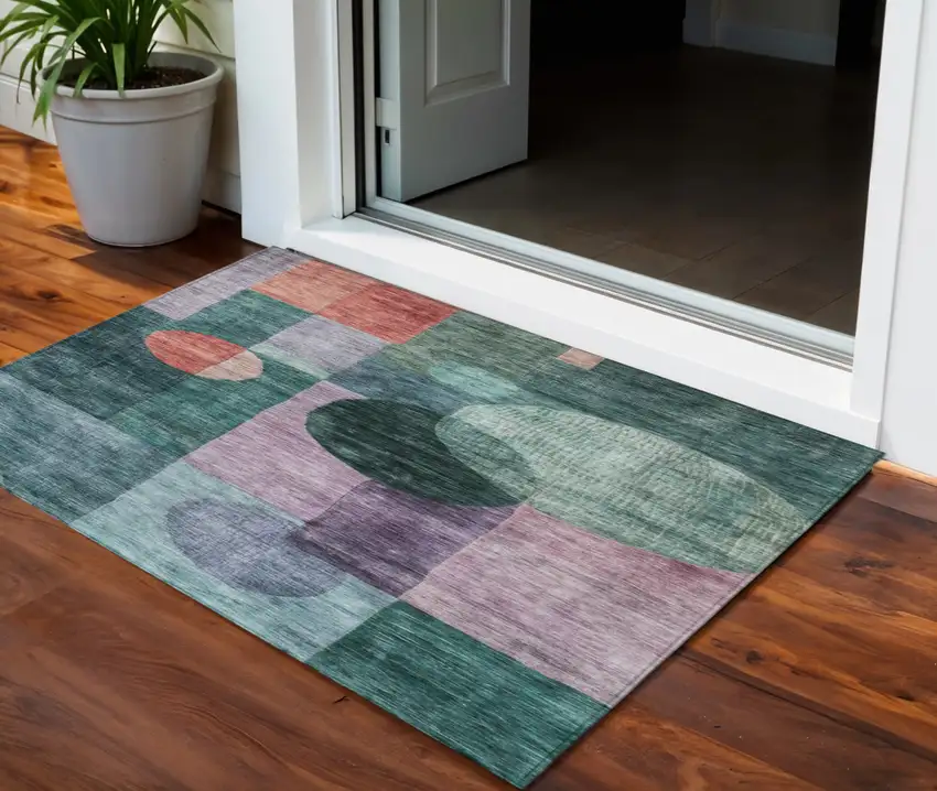 Green Copper And Purple Geometric Washable Indoor Outdoor Area Rug Photo 1