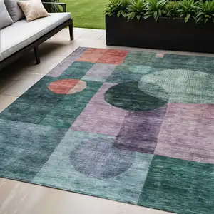 Photo of Green Copper And Purple Geometric Washable Indoor Outdoor Area Rug