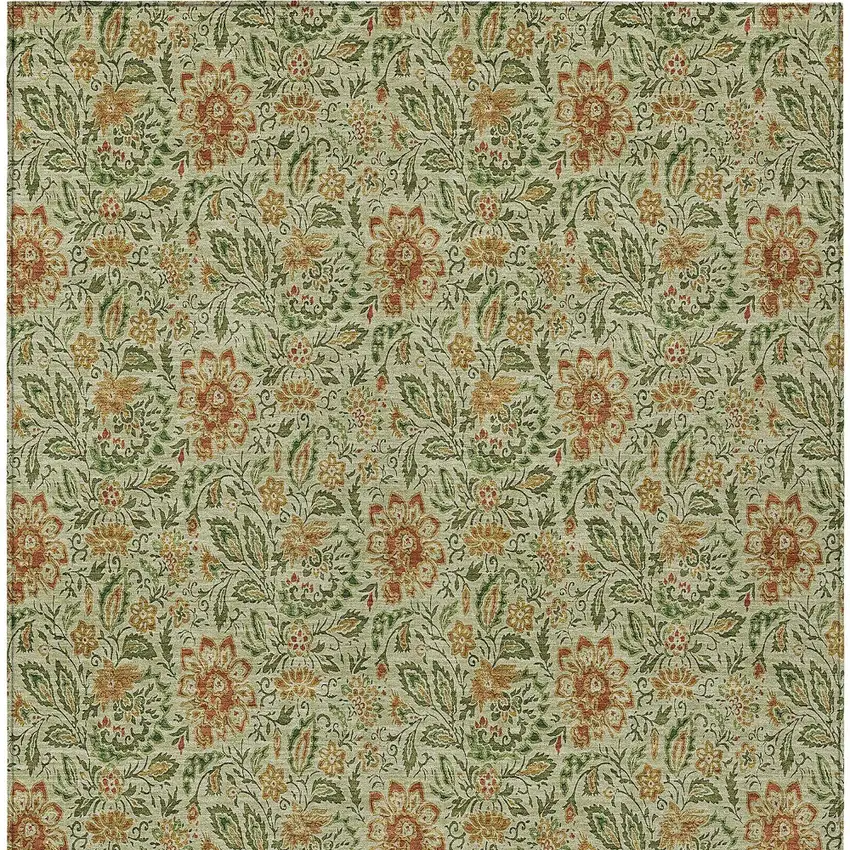 Green Copper And Sage Floral Washable Indoor Outdoor Area Rug Photo 7