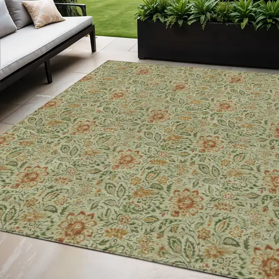 Green Copper And Sage Floral Washable Indoor Outdoor Area Rug Photo 1