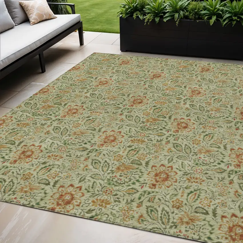 Green Copper And Sage Floral Washable Indoor Outdoor Area Rug Photo 1