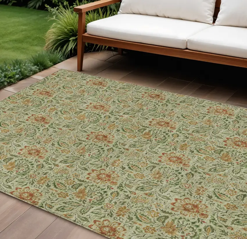 Green Copper And Sage Floral Washable Indoor Outdoor Area Rug Photo 1