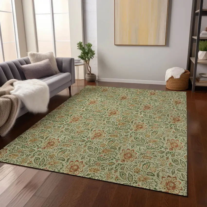 Green Copper And Sage Floral Washable Indoor Outdoor Area Rug Photo 9