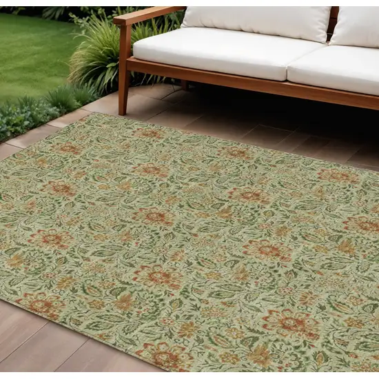 Green Copper And Sage Floral Washable Indoor Outdoor Area Rug Photo 1