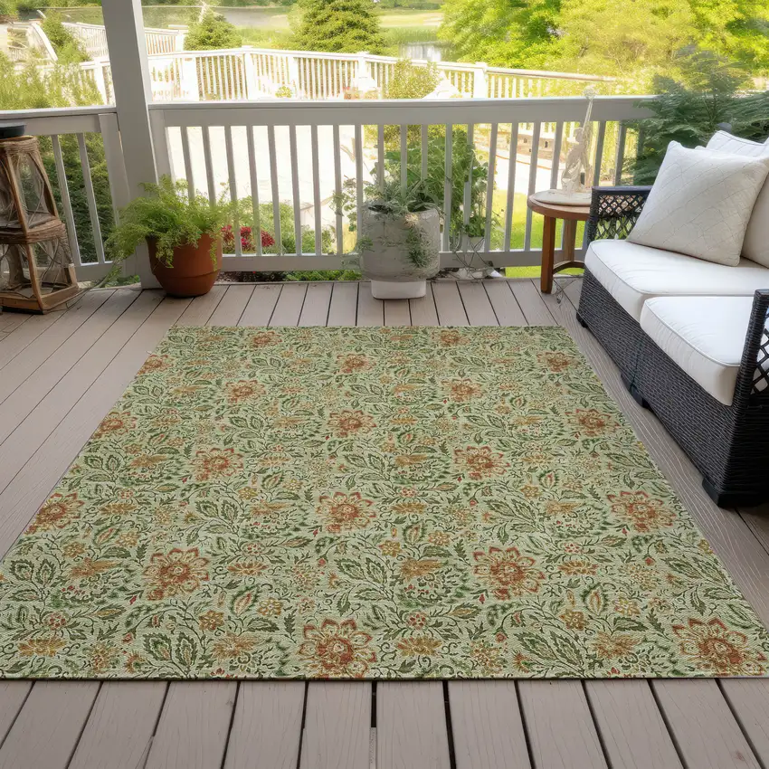 Green Copper And Sage Floral Washable Indoor Outdoor Area Rug Photo 8