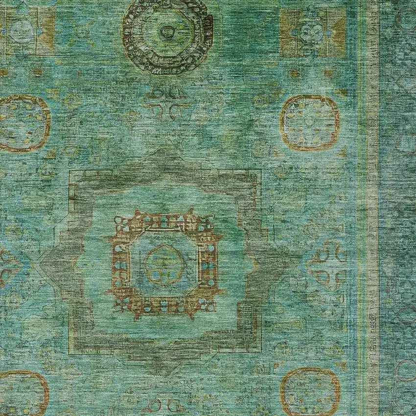 Green Copper And Teal Blue Oriental Washable Indoor Outdoor Area Rug Photo 5