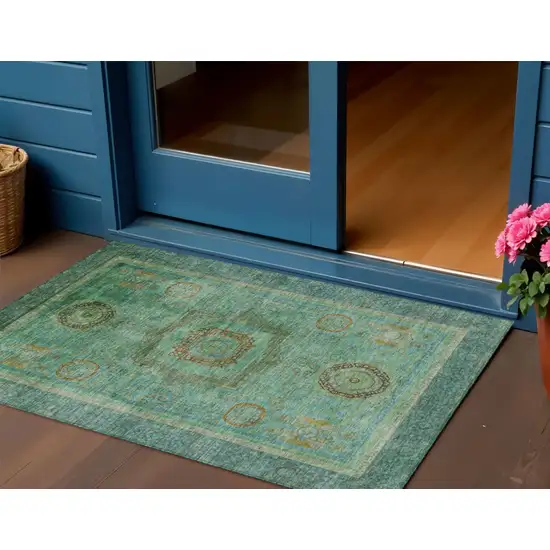 Green Copper And Teal Blue Oriental Washable Indoor Outdoor Area Rug Photo 2