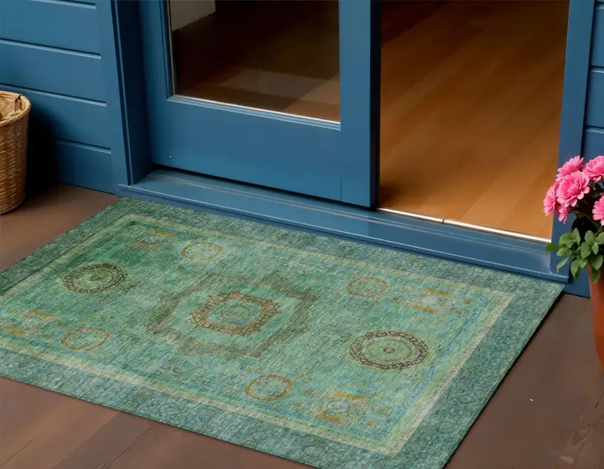 Green Copper And Teal Blue Oriental Washable Indoor Outdoor Area Rug Photo 2