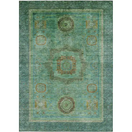 Green Copper And Teal Blue Oriental Washable Indoor Outdoor Area Rug Photo 3