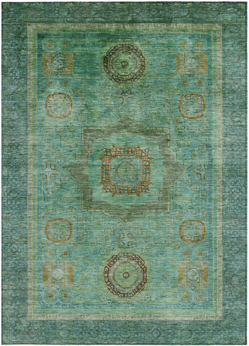 Green Copper And Teal Blue Oriental Washable Indoor Outdoor Area Rug Photo 3