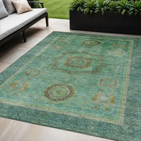 Green Copper And Teal Blue Oriental Washable Indoor Outdoor Area Rug Photo 2