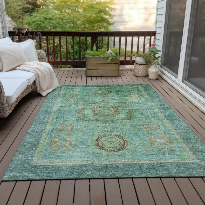 Green Copper And Teal Blue Oriental Washable Indoor Outdoor Area Rug Photo 7