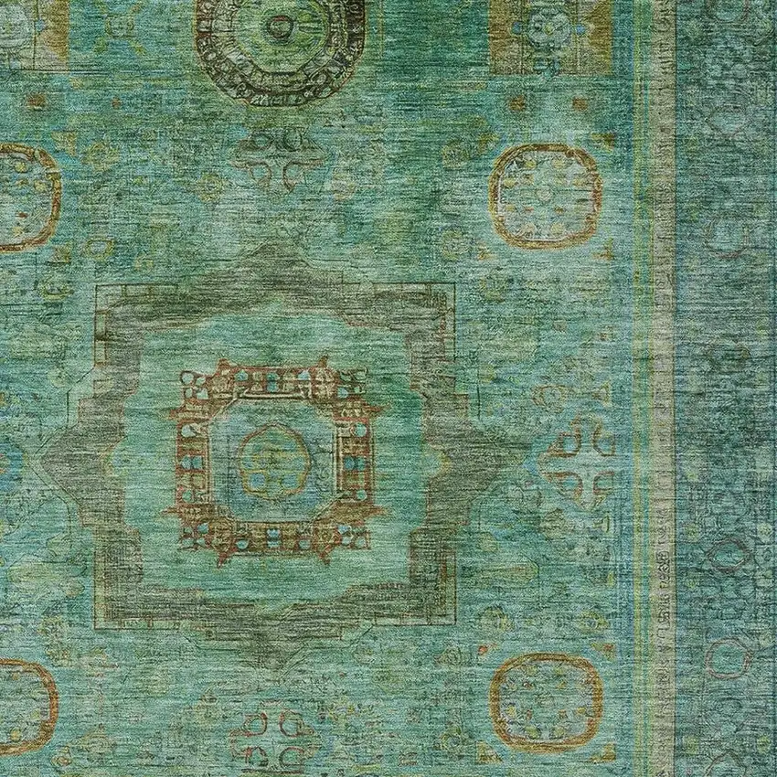 Green Copper And Teal Blue Oriental Washable Indoor Outdoor Area Rug Photo 5