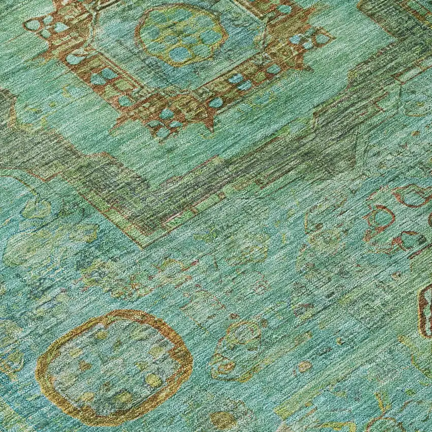 Green Copper And Teal Blue Oriental Washable Indoor Outdoor Area Rug Photo 6