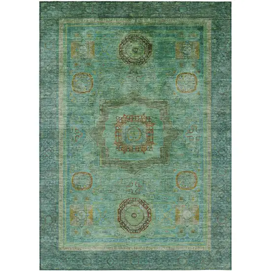 Green Copper And Teal Blue Oriental Washable Indoor Outdoor Area Rug Photo 1